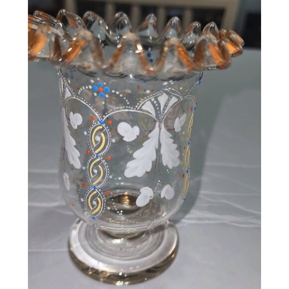 Vintage Hand-Painted Ruffled Edge Glass Vase With Gold Accents & Floral Design - Picture 2 of 13